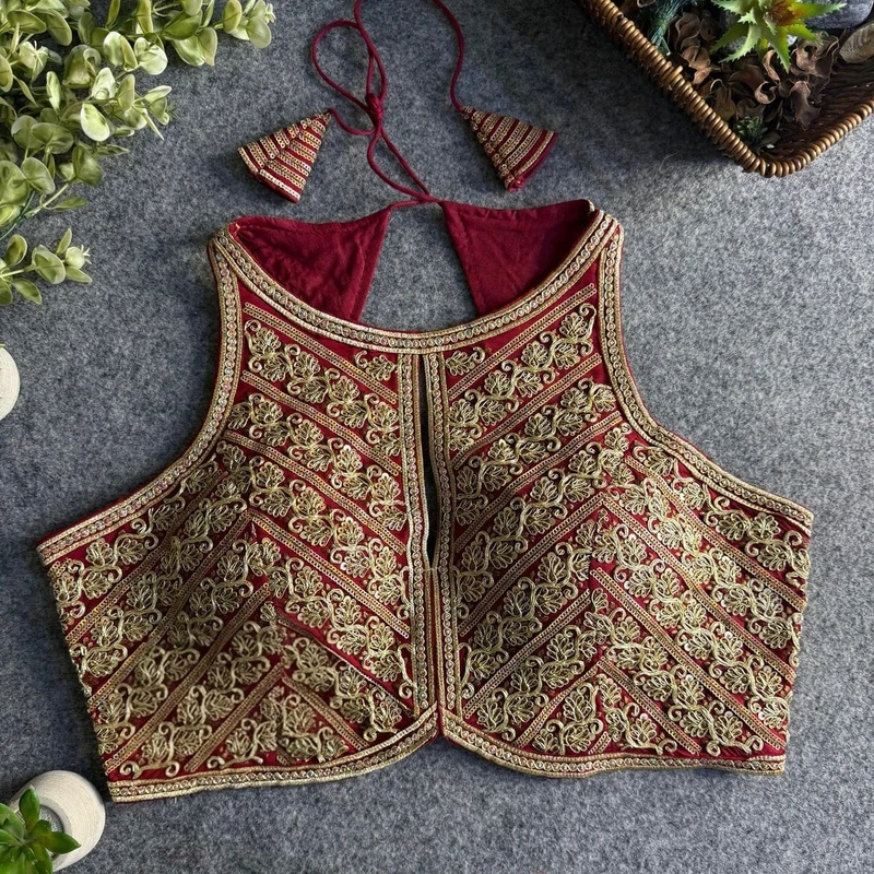 Maroon Roman Silk Embroidery Work Halter Neck Blouse