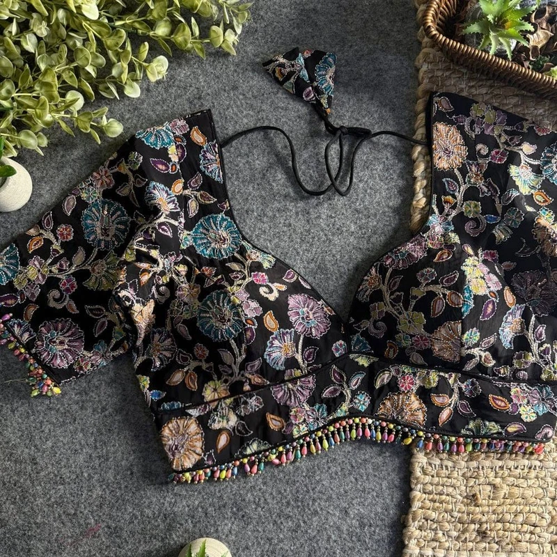 Black Sabyasachi Style Crape Silk Floral Position Work Blouse