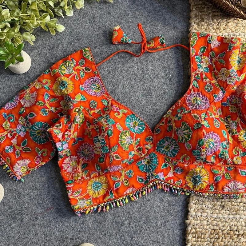 Orange Sabyasachi Style Crape Silk Floral Position Work Blouse