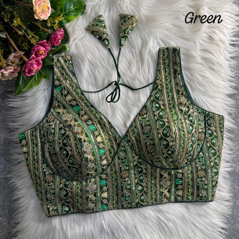 Green Heavy Position Work Sabyasachi Style Deep Neck Blouse