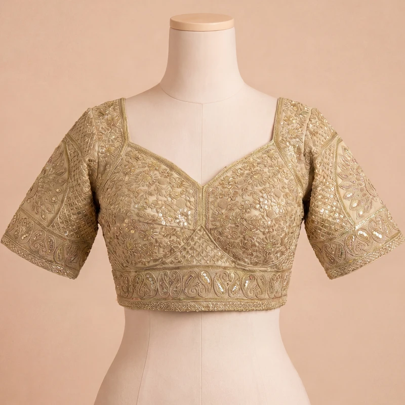 Gold Silk Designer Blouse with Heavy Zari & Floral Embroidery Work