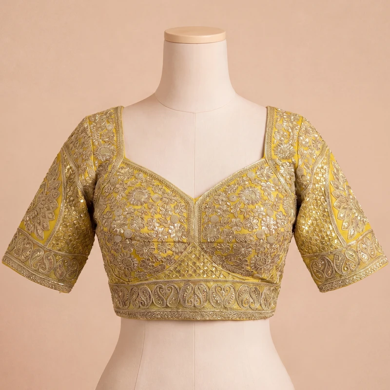 Yellow Silk Designer Blouse with Heavy Zari & Floral Embroidery Work