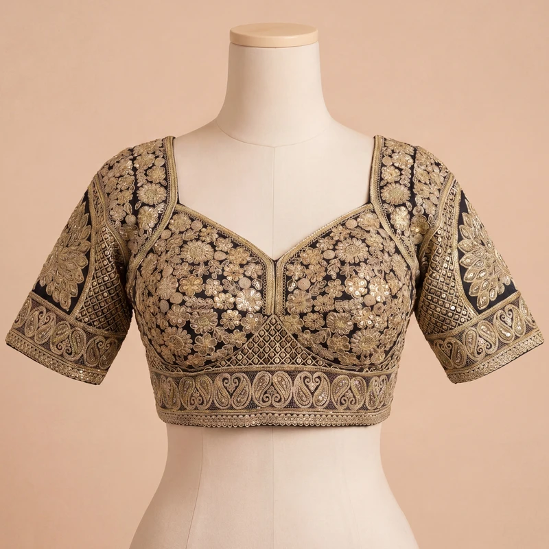 Black Silk Designer Blouse with Heavy Zari & Floral Embroidery Work