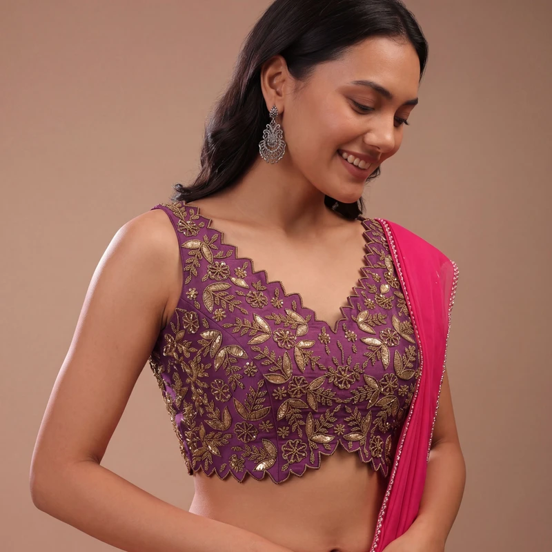 Zardosi Handwork Purple Raw Silk Partywear Blouse