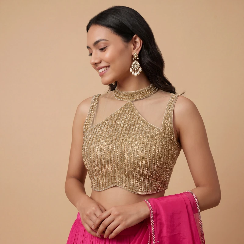 Handwork Net Heavy Gold Moti Blouse Halter Neck Partywear Blouse
