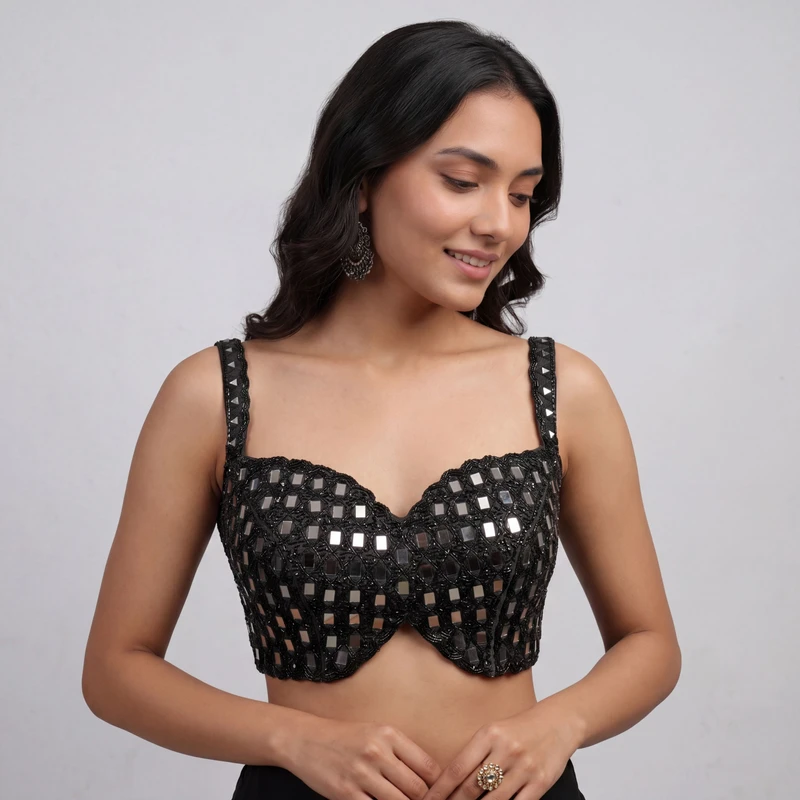 Black Handwork Raw Silk Blouse with Jari Mirror & Beads Work