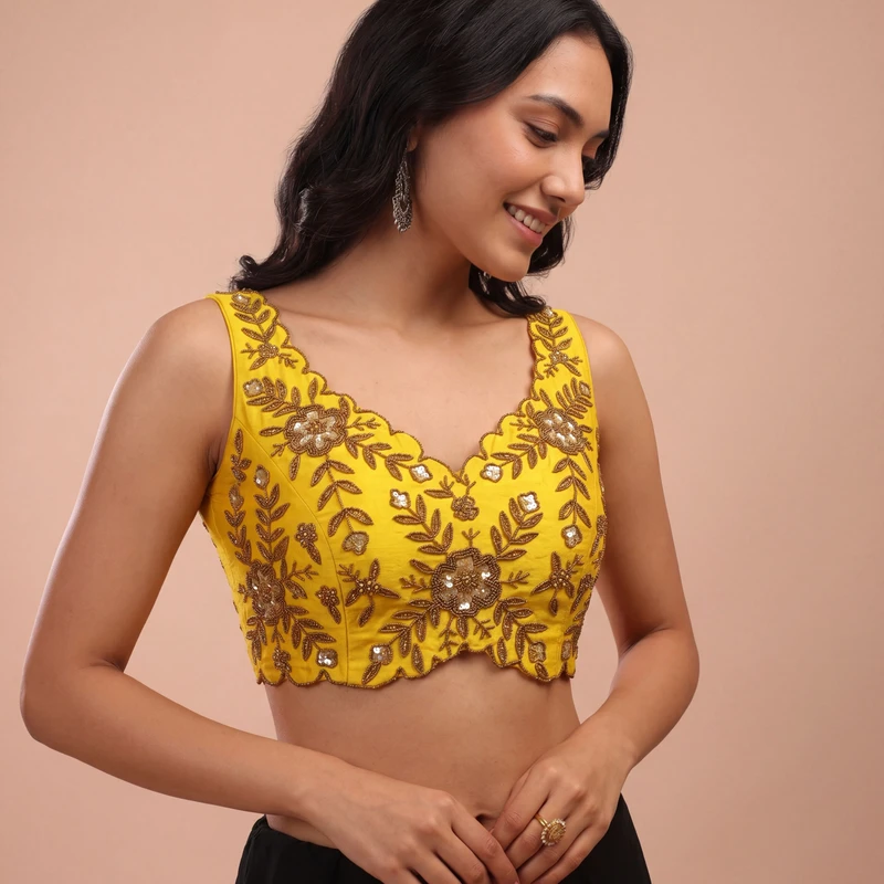 Zardosi Handwork Yellow Raw Silk Partywear Blouse