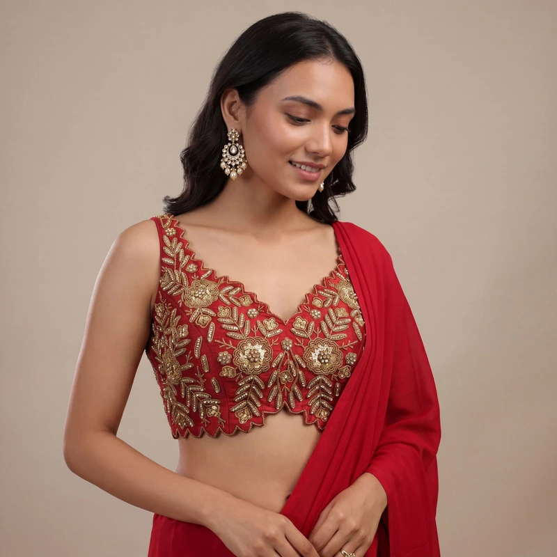 Zardosi Handwork Red Raw Silk Partywear Blouse