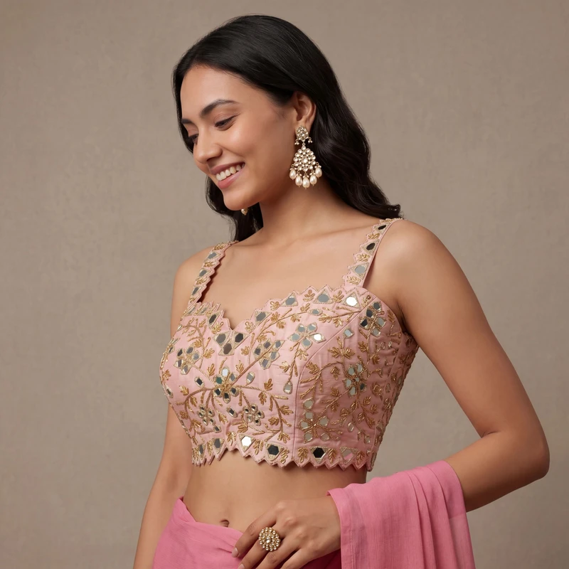 Pink Zardosi And Mirror Handwork Premium Silk Partywear Blouse
