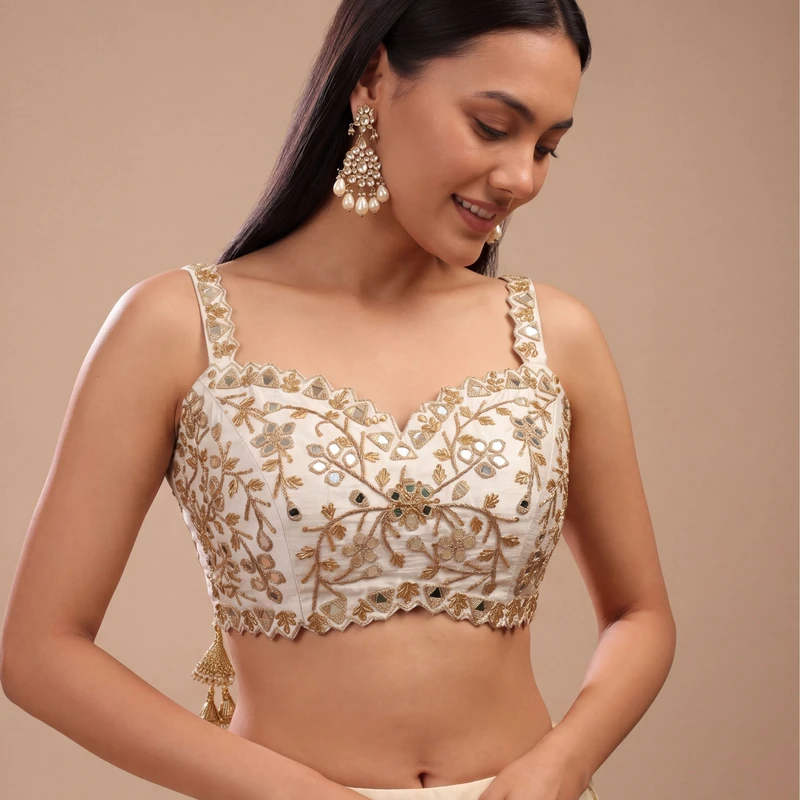 White Zardosi And Mirror Handwork Premium Silk Partywear Blouse