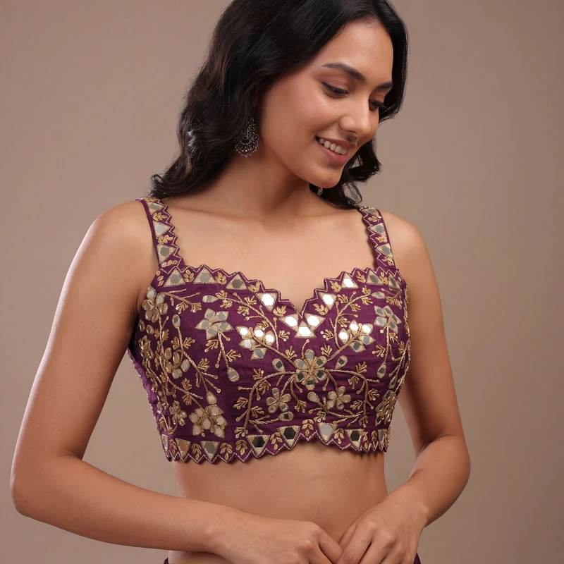 Wine Zardosi And Mirror Handwork Premium Silk Partywear Blouse