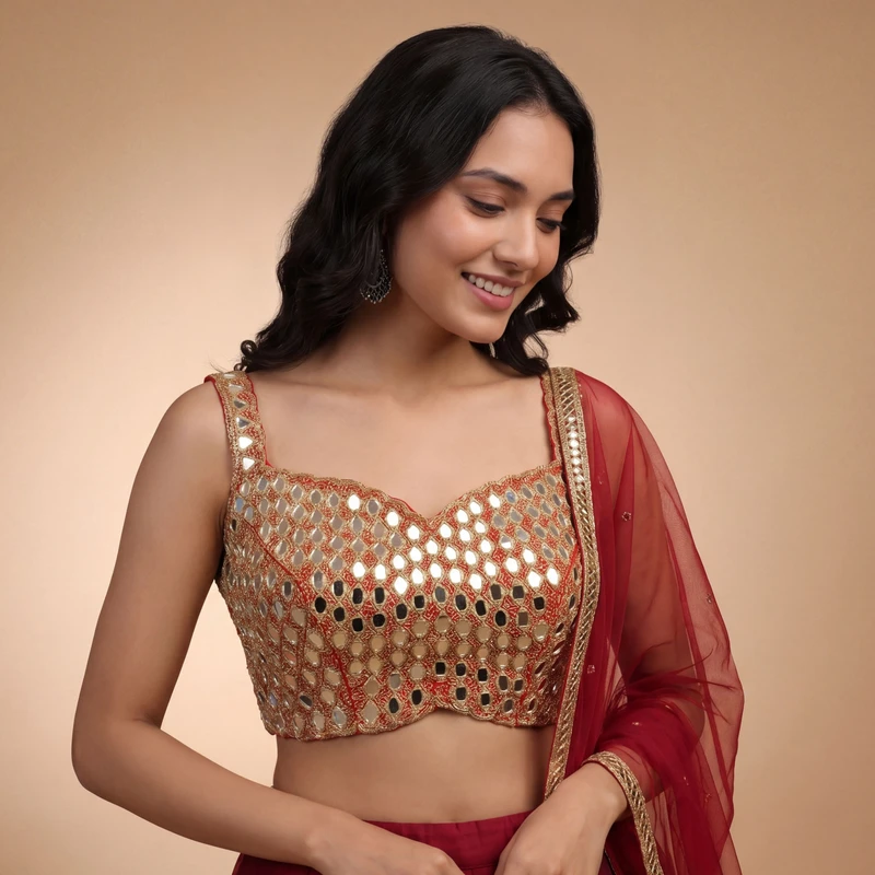 Real Mirror Handwork red Silk Partywear Blouse