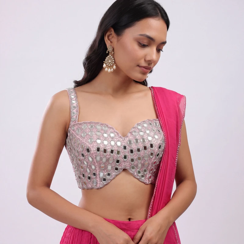 Pink Handwork Raw Silk Blouse with Jari Mirror Beads Work
