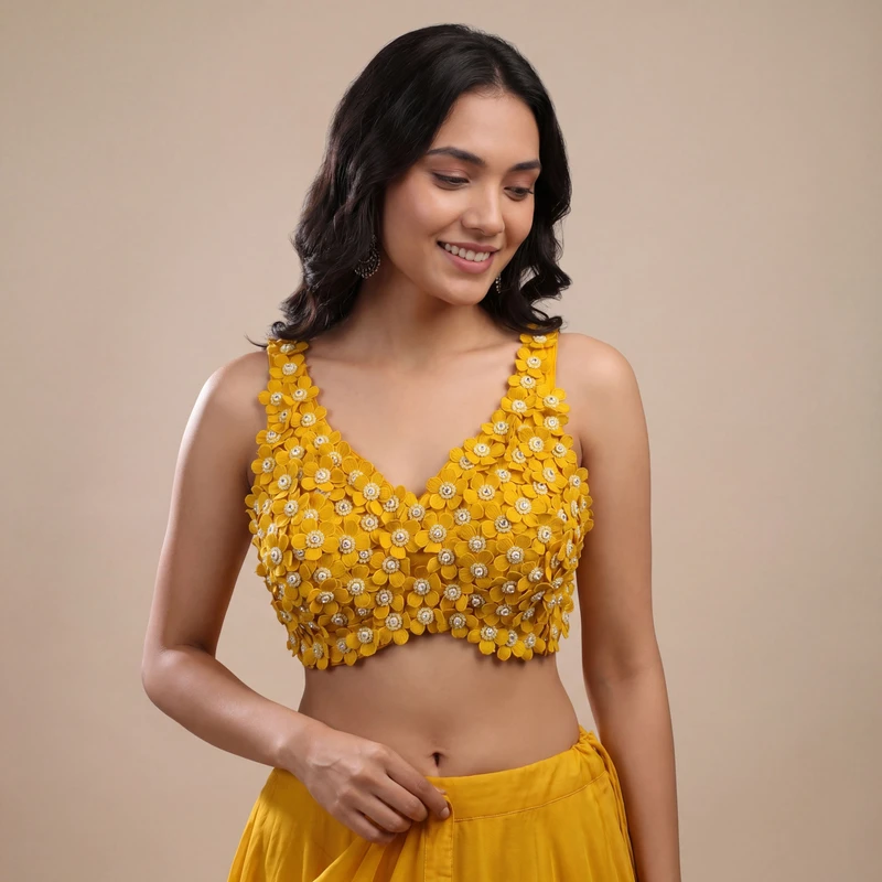 Yellow Floral Embroidered Designer Silk Blouse with 3D Applique Work