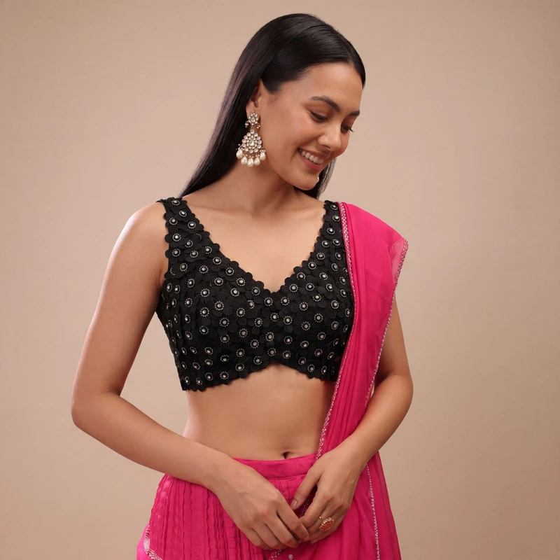 Black Floral Embroidered Designer Silk Blouse with 3D Applique Work