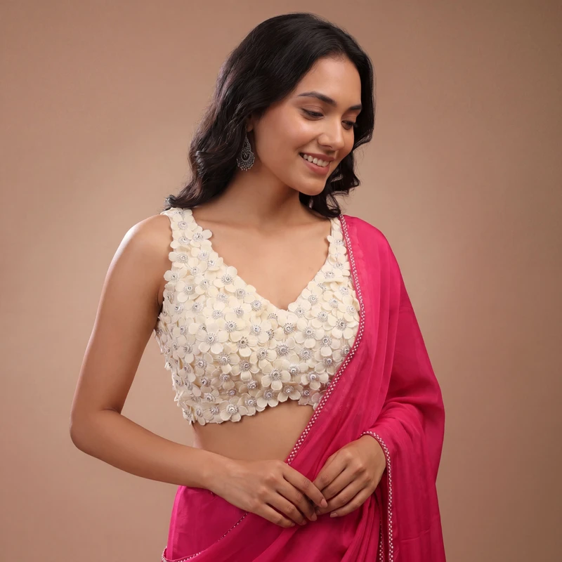 White Floral Embroidered Designer Silk Blouse with 3D Applique Work
