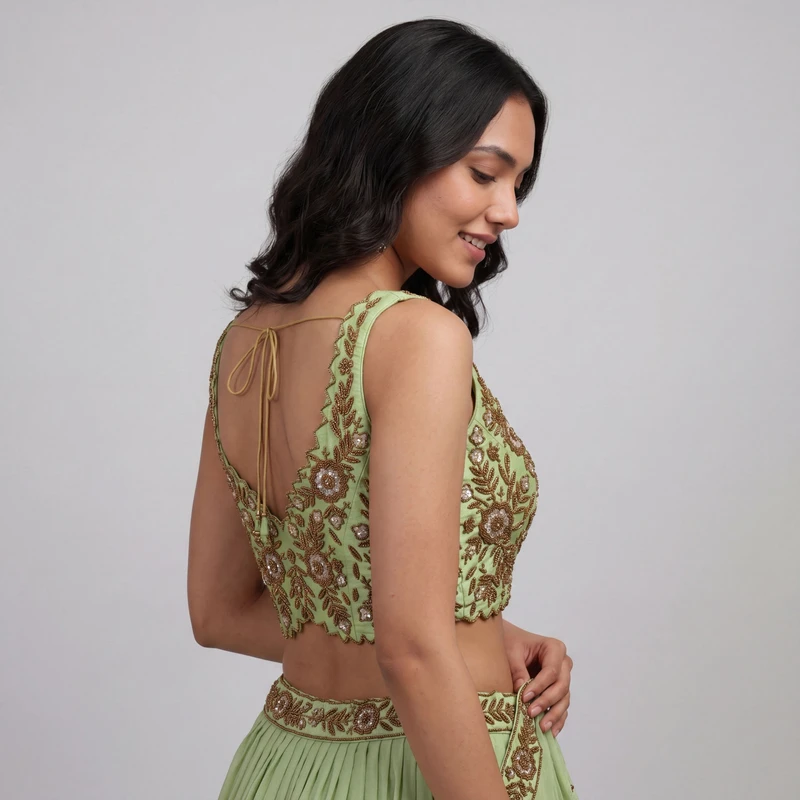 Zardosi Handwork Pista green Raw Silk Partywear Blouse