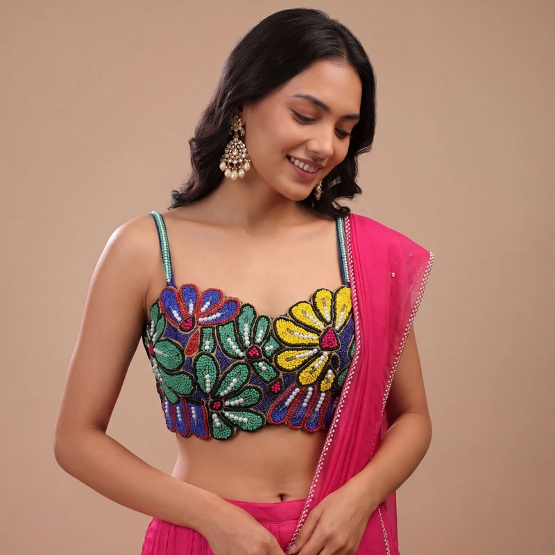 Multicolor Floral Beaded with Sweetheart Neck & Spaghetti Straps