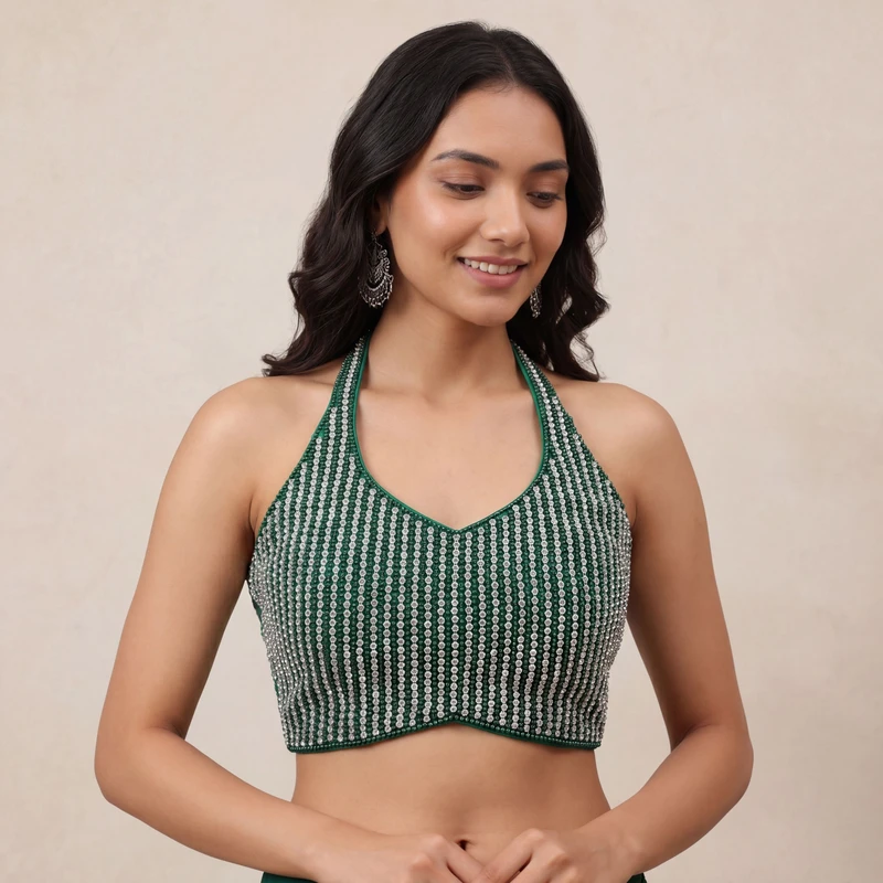 Green Halter Neck Beaded Designer Blouse with Sweetheart Neckline