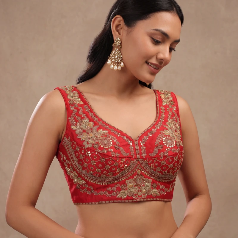 Red Color Sabyasachi Neck Bridal Blouse with Heavy Stars & Beads Work