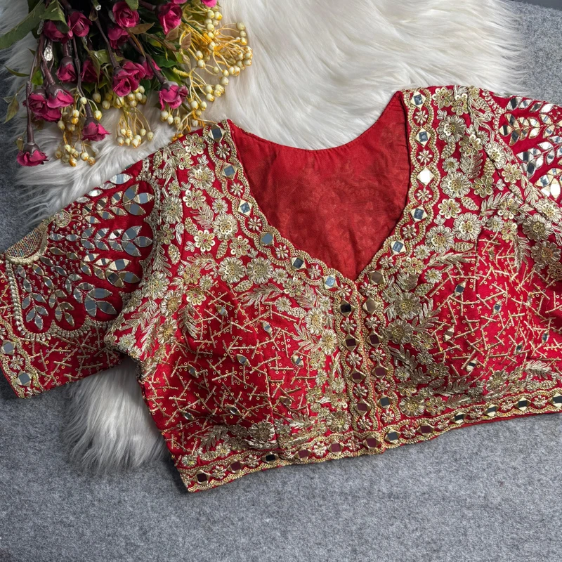 Red Heavy Zari Silk Embroidered Peacock Mirror Work Blouse