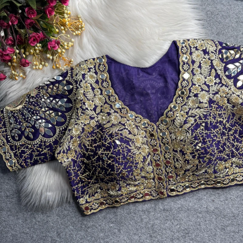 Purple Heavy Zari Silk Embroidered Peacock Mirror Work Blouse