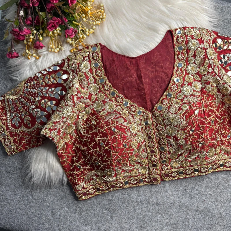 Maroon Heavy Zari Silk Embroidered Peacock Mirror Work Blouse