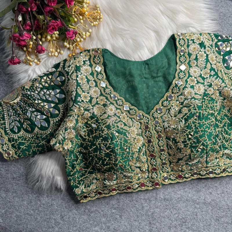 Green Heavy Zari Silk Embroidered Peacock Mirror Work Blouse