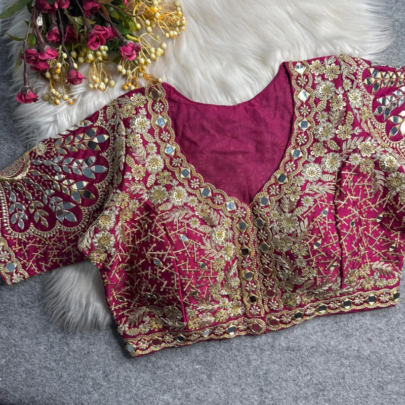 Magenta Heavy Zari Silk Embroidered Peacock Mirror Work Blouse
