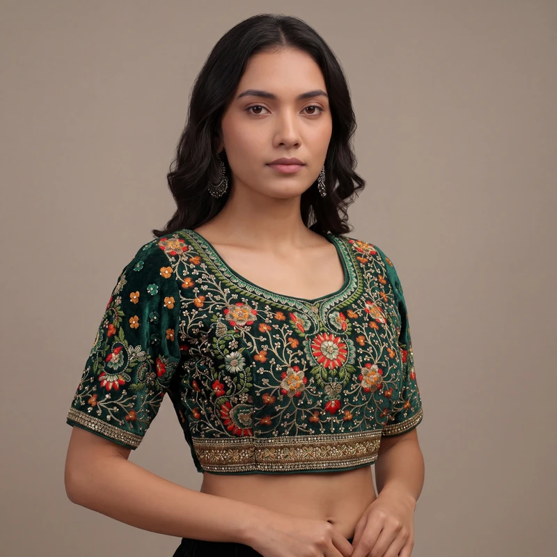 Green Color Heavy Velvet Real Diamond Work Blouse