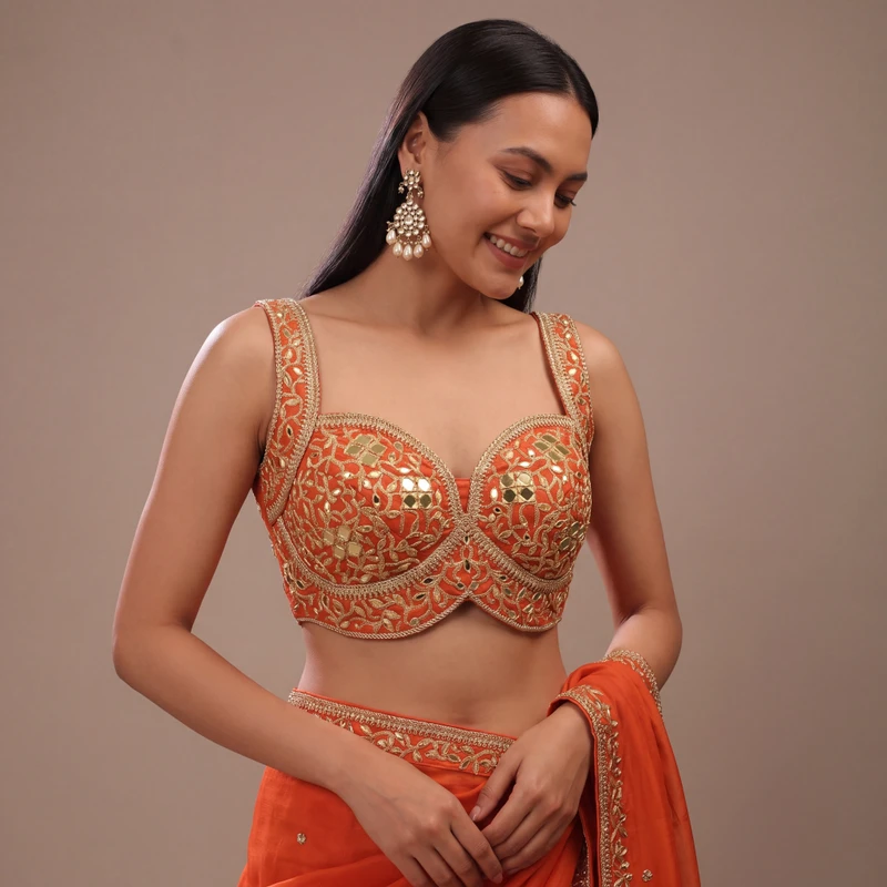 Rust Bridal Mirror Work Designer Blouse with Heavy Zari Embroidery