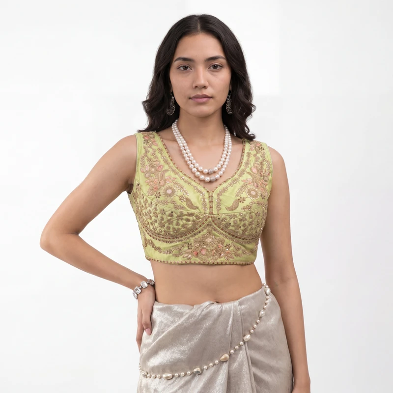 Pista Green Color Sabyasachi Neck Bridal Blouse with Heavy Stars & Beads Work