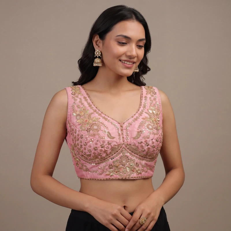 Pink Color Sabyasachi Neck Bridal Blouse with Heavy Stars & Beads Work