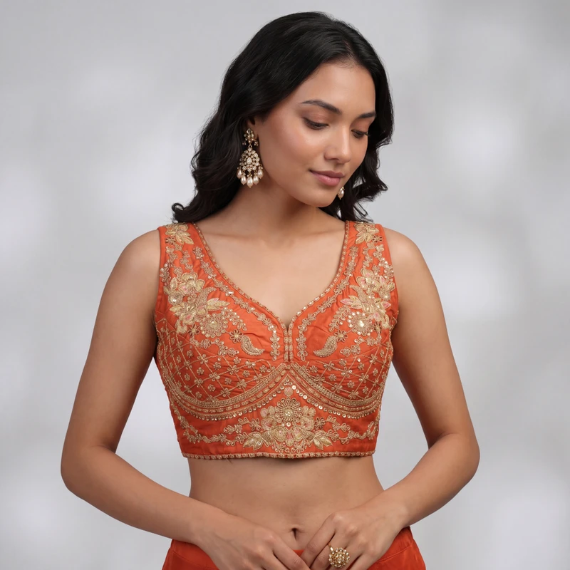 Copper Color Sabyasachi Neck Bridal Blouse with Heavy Stars & Beads Work