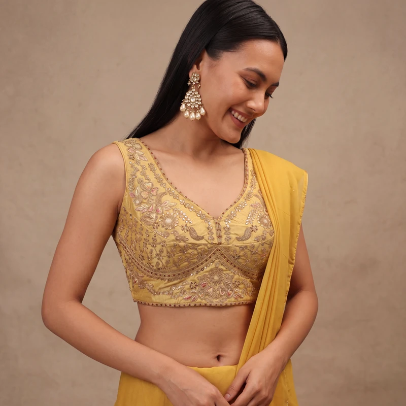 Gold Color Sabyasachi Neck Bridal Blouse with Heavy Stars & Beads Work