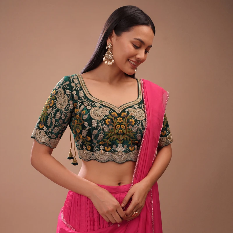 Bottle Green Color Wedding Special Velvet Embroidered Blouse
