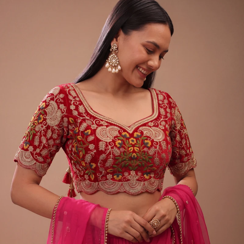 Red Color Wedding Special Velvet Embroidered Blouse