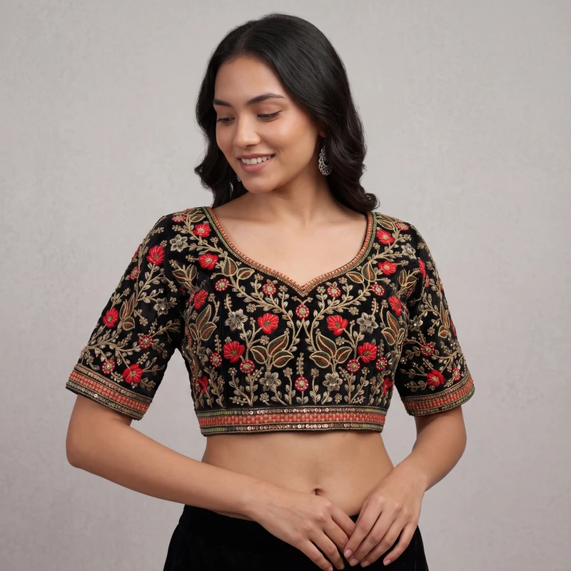 Black Color Bridal Velvet Blouse with Diamond Handwork