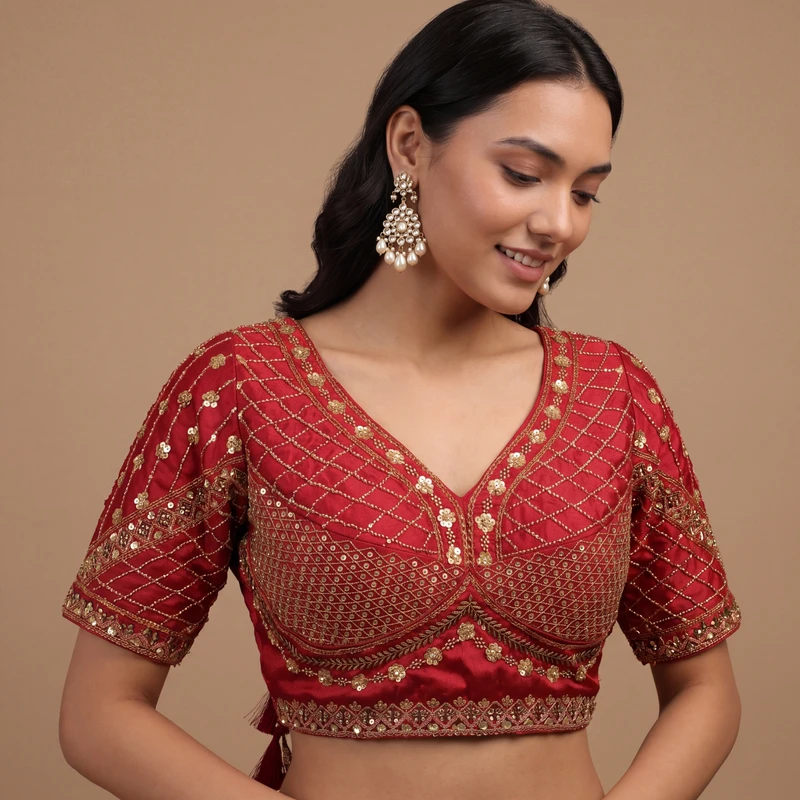 Maroon Color Handwork & Sequence Italian Silk Bridal Blouse