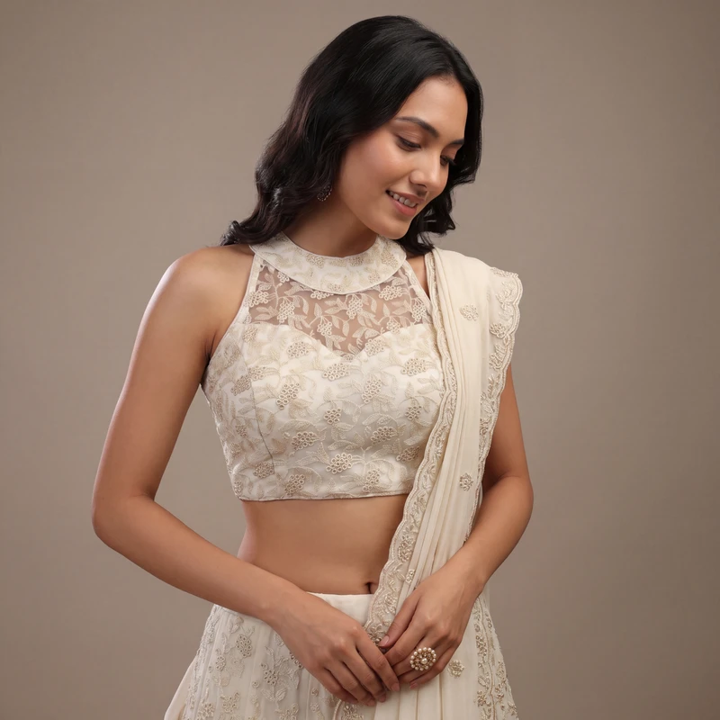 White Halter Neck Heavy Thread Work Net Blouse