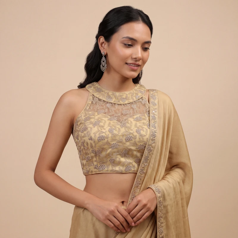 Gold Halter Neck Heavy Thread Work Net Blouse