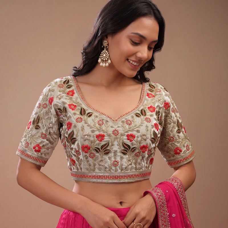 Cream Color Bridal Velvet Blouse with Diamond Handwork