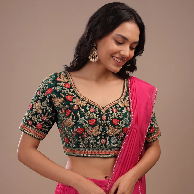 Green Color Bridal Velvet Blouse with Diamond Handwork