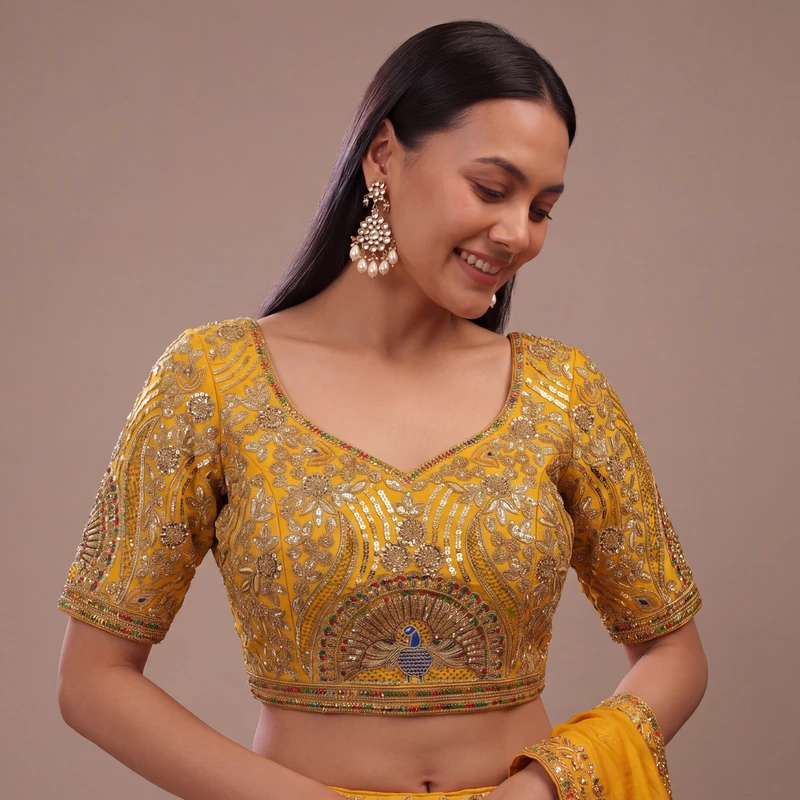Mustard Italian Silk Codding Sequence Peacock Work Bridal Blouse