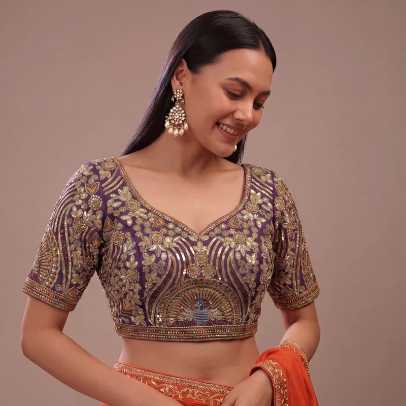 Wine Italian Silk Codding Sequence Peacock Work Bridal Blouse
