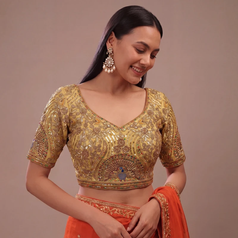 Gold Italian Silk Codding Sequence Peacock Work Bridal Blouse