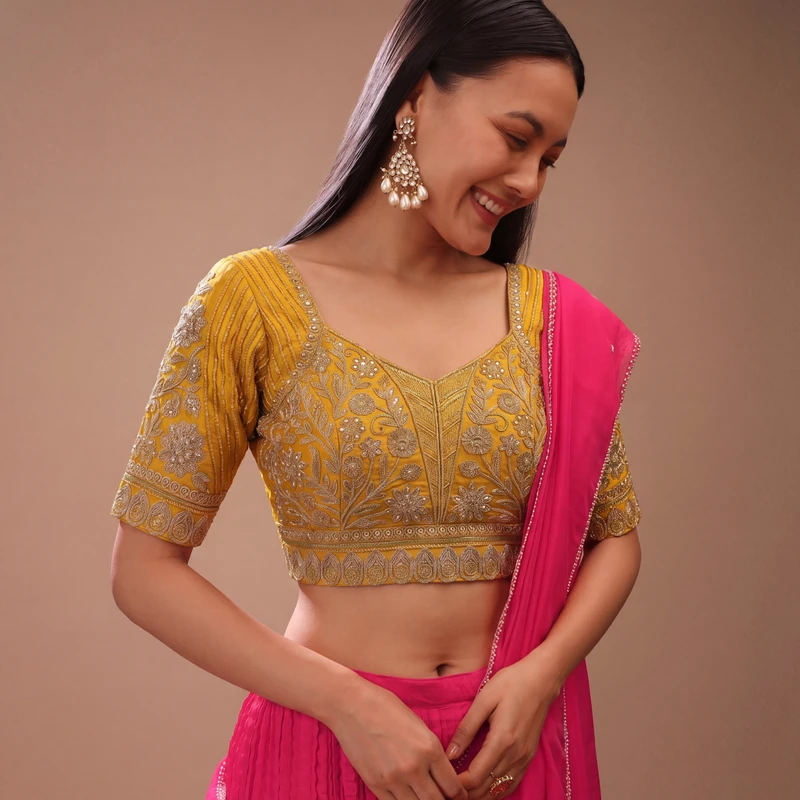 Yellow Zari Work Partywear Half Sleeve Heavy Designer Blouse