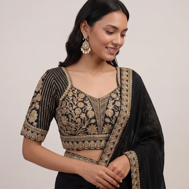 Black Zari Work Partywear Half Sleeve Heavy Designer Blouse