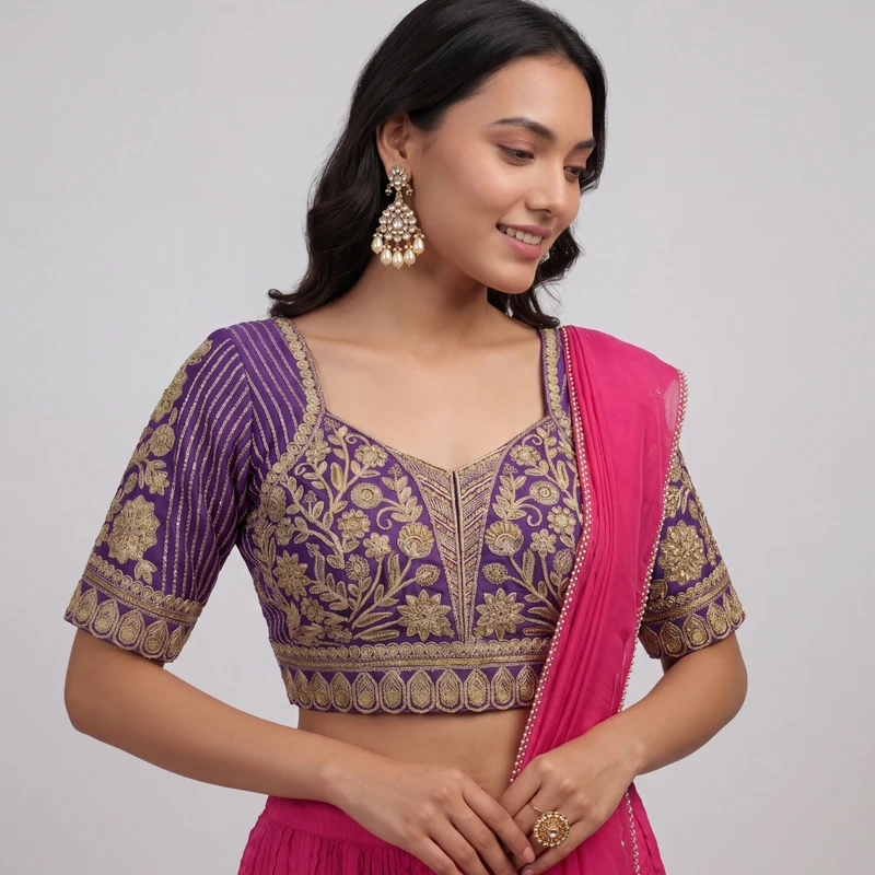 Purple Zari Work Partywear Half Sleeve Heavy Designer Blouse