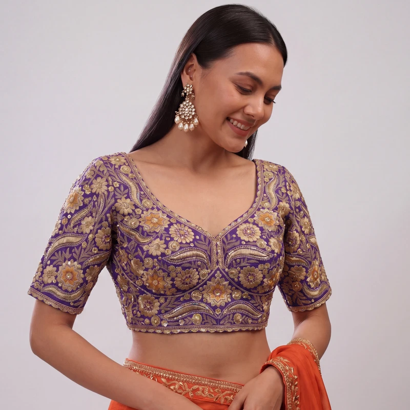 Purple Bridal Sabyasachi Neck Italian Silk Embroidered Readymade Blouse